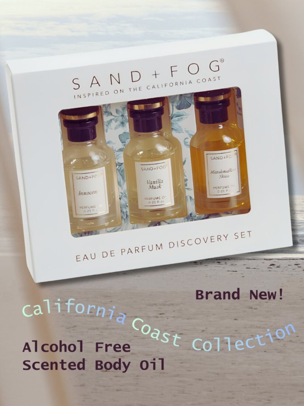 SAND AND FOG Discovery Bath and Body Scented Oils - New in Gift Box - 3 Pack